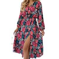 Azura Exchange Red V Neck Elastic High Waist Split Floral Dress - S thumbnail