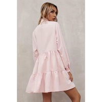 Pink Frilled Stand Collar Long Sleeve Ruffle Dress - L thumbnail