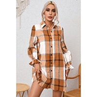 Khaki Plaid Pattern Collared Neck Ruffled Sleeve Shirt Dress - S thumbnail