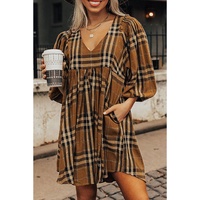 Brown Plaid Pattern Empire Waist Babydoll Dress - XL thumbnail