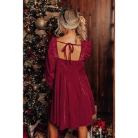 Red Tie Back Square Neck Velvet Babydoll Dress - M thumbnail