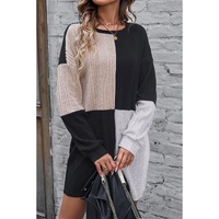 Black Ribbed Color Block Drop Shoulder Long Sleeve Mini Dress - L thumbnail