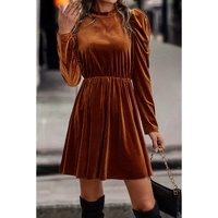 Chestnut Velvet Frilled Neck Gigot Sleeve Swing Dress - L thumbnail