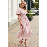 Pink Puff Sleeve Pleated High Waist Flowy Long Dress - M thumbnail
