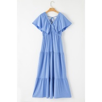 Sky Blue Textured V Neck Flutter Sleeve Ruffled Maxi Dress - S thumbnail