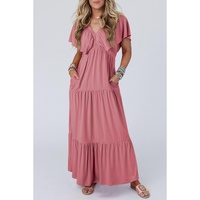 Rose Pink Textured V Neck Flutter Sleeve Ruffled Maxi Dress - 2XL thumbnail