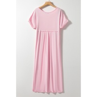 Pink V Neck Hidden Pocket Splits Maxi T-shirt Dress - M thumbnail