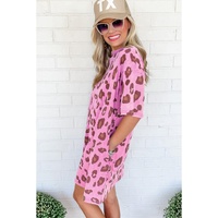 Pink Leopard Mineral Wash Side Pocket Shift Mini Dress - M thumbnail