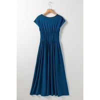 Peacock Blue Short Sleeve Shirred High Waist V Neck Maxi Dress - S thumbnail