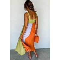 Green Color Block Shirred High Waist Fit and Flare Maxi Dress - S thumbnail