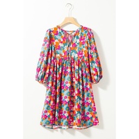 Sky Blue Floral Print Tie Split Neck Bubble Sleeve Babydoll Dress - M thumbnail