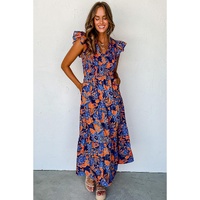 Dark Blue Boho Floral V Neck Ruffle Tiered Long Dress - S thumbnail