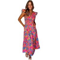 Rose Red Boho Floral V Neck Ruffle Tiered Long Dress - S thumbnail