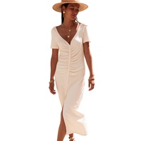 Beige V Neck Ruched Button Front French T-shirt Dress - S thumbnail