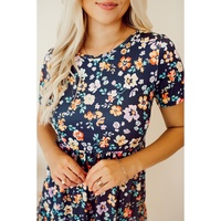 Blue Short Sleeve A-line Floral Dress - XL thumbnail