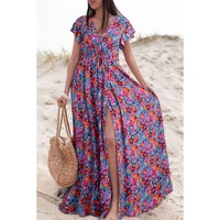 Blue Floral Print V Neck Wrap Split Maxi Dress - L thumbnail