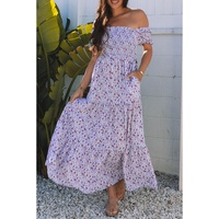 Purple Floral Short Bubble Sleeve Shirred High Waist Maxi Dress - XL thumbnail