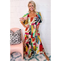 White Square Neck Smocked Abstract Print Boho Maxi Dress - M thumbnail