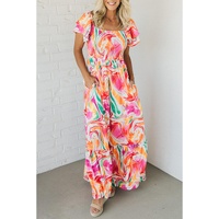 Pink Abstract Print Ruffled Sleeve Smocked Bust Maxi Dress - S thumbnail