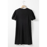 Black Notched Neck Pleated Puff Sleeve Shift T-shirt Dress - S thumbnail