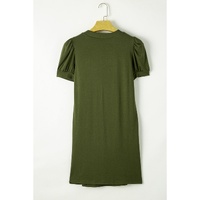 Fern Green Notched Neck Pleated Puff Sleeve Shift T-shirt Dress - M thumbnail