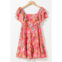 Pink Floral Square Neck Ruffle Sleeve Tiered Dress - L thumbnail