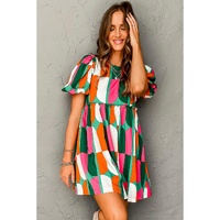 Green Abstract Print Puff Sleeve Short Dress - L thumbnail