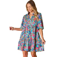 Green Leopard Print Bubble Sleeve Slit Neck Ruffled Dress - S thumbnail
