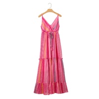 Pink Western Printed Tassel Tie V Neck Wrap Maxi Dress - L thumbnail