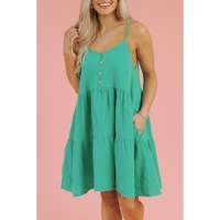 Sea Green Textured Buttoned Thin Strap Tiered Loose Fit Mini Dress - M thumbnail