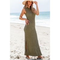 Jungle Green Waffle Knit Sleeveless Long Dress with Slits - XL thumbnail