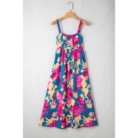 Dark Blue Floral High Waist Sleeveless Flared Long Dress - S thumbnail