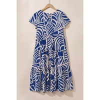 Sky Blue Boho Printed Short Sleeve Flare Tiered Dress - M thumbnail