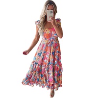 Pink Floral Print Sleeveless Ruffle Tiered Maxi Dress - L thumbnail