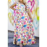 Rose Red Striped Trim Self-tie Straps Floral Maxi Dress - S thumbnail