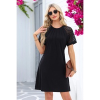 Black Contrast Lace Raglan Sleeve Pleated Detail Shift Dress - L thumbnail