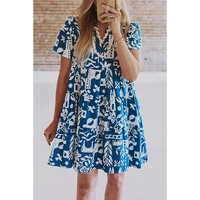 Blue Ricrac Trim Split Neck Floral Loose Dress - S thumbnail
