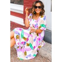 Purple Abstract Print Puff Sleeve Smocked Back Midi Dress - L thumbnail