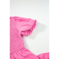 Strawberry Pink Asymmetric Puff Sleeve Smocked Bodice Tiered Midi Dress - XL thumbnail