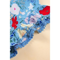 Sky Blue Floral Flutter Sleeve V Neck Ruffled Dress - L thumbnail