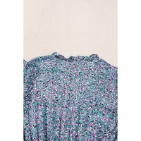 Blue Printed V Neck Shirred Short Puff Sleeve Maxi Dress - S thumbnail