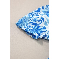 Sky Blue Retro Floral Print Drawstring Waist Ruffled Mini Dress - L thumbnail