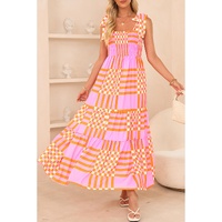 Pink Boho Gingham Tied Straps Smocked Maxi Dress - XL thumbnail