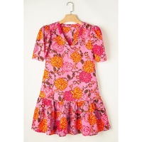 Pink Floral Bubble Sleeve V Neck Ruffled Mini Dress - L thumbnail