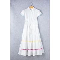 White Colorblock Rickrack Trim Short Sleeve Drawstring Waist Long Dress - S thumbnail