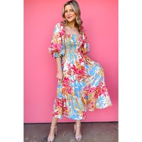 Rose Red Tropical Print Smocked Bodice Puff Sleeve Maxi Dress - S thumbnail