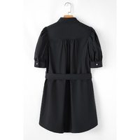 Black Button Up Tie Waist Puff Sleeve Mini Dress - S thumbnail
