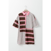 Brown Stripe Striped Textured Patchwork Buttoned T Shirt Dress - L thumbnail