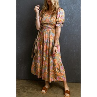 Yellow Smocked Bodice High Waist Puff Sleeve Floral Dress - L thumbnail