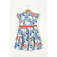 Sky Blue Floral Printed V Notched Ric Rac Flutter Sleeve Dress - M thumbnail